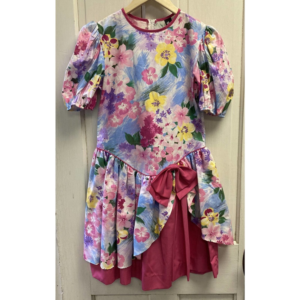 Vintage 90s Picture Me Pink Floral Drop Waist Dress Puff Sleeve Juniors 5